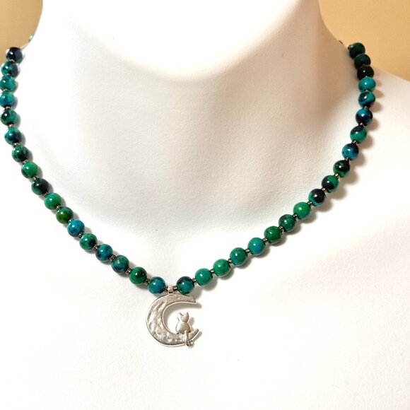 Teal Chrysocolla Short Necklace, Genuine Gemstone & Silver Cat on the Moon Charm - Picture 2 of 13